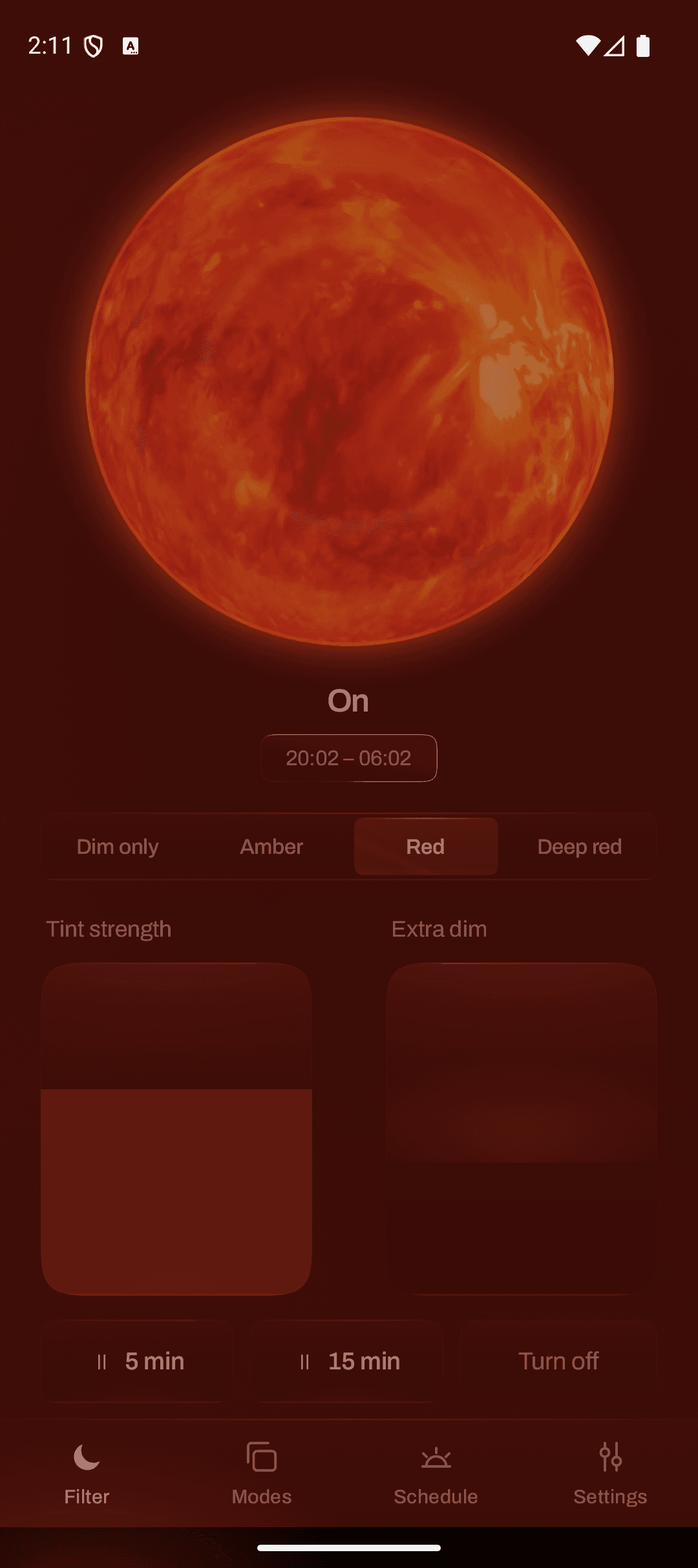 Real RedLightFilter preview: Warm controls. Tone, tint and dim are visible.