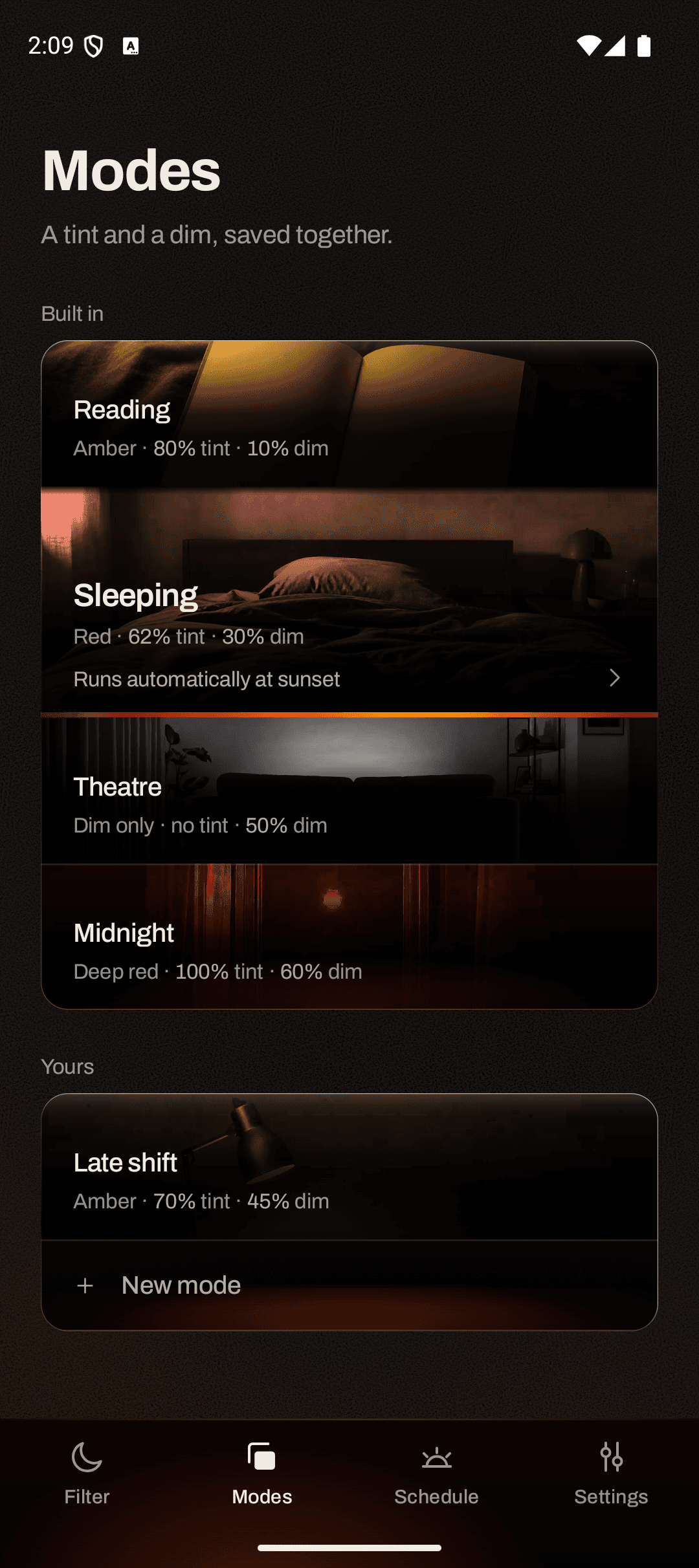 Real RedLightFilter preview: Saved modes. Five real mode cards are shown.
