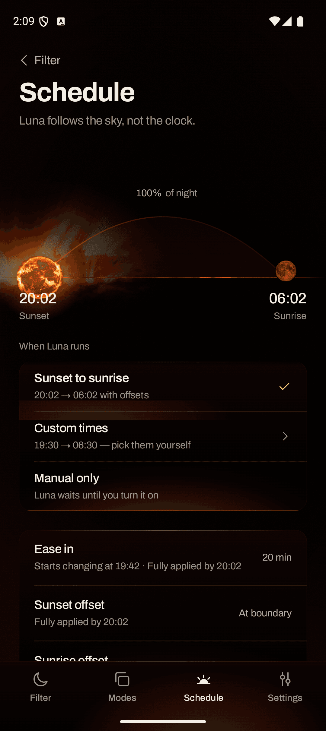 Real RedLightFilter preview: Timing preview. Sunset and custom options appear.