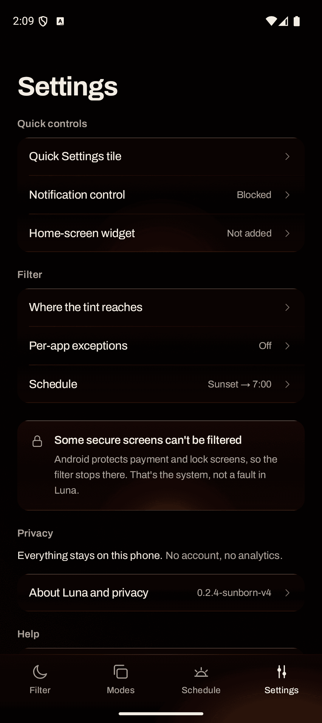 Real RedLightFilter capture: Settings