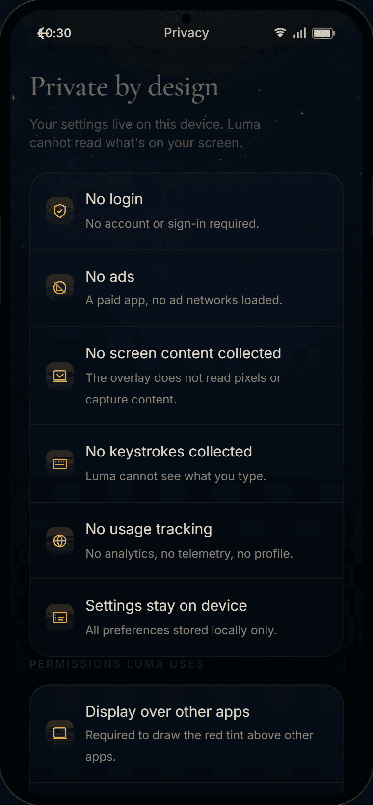 Luna privacy screen showing no login, no ads, and local-only settings