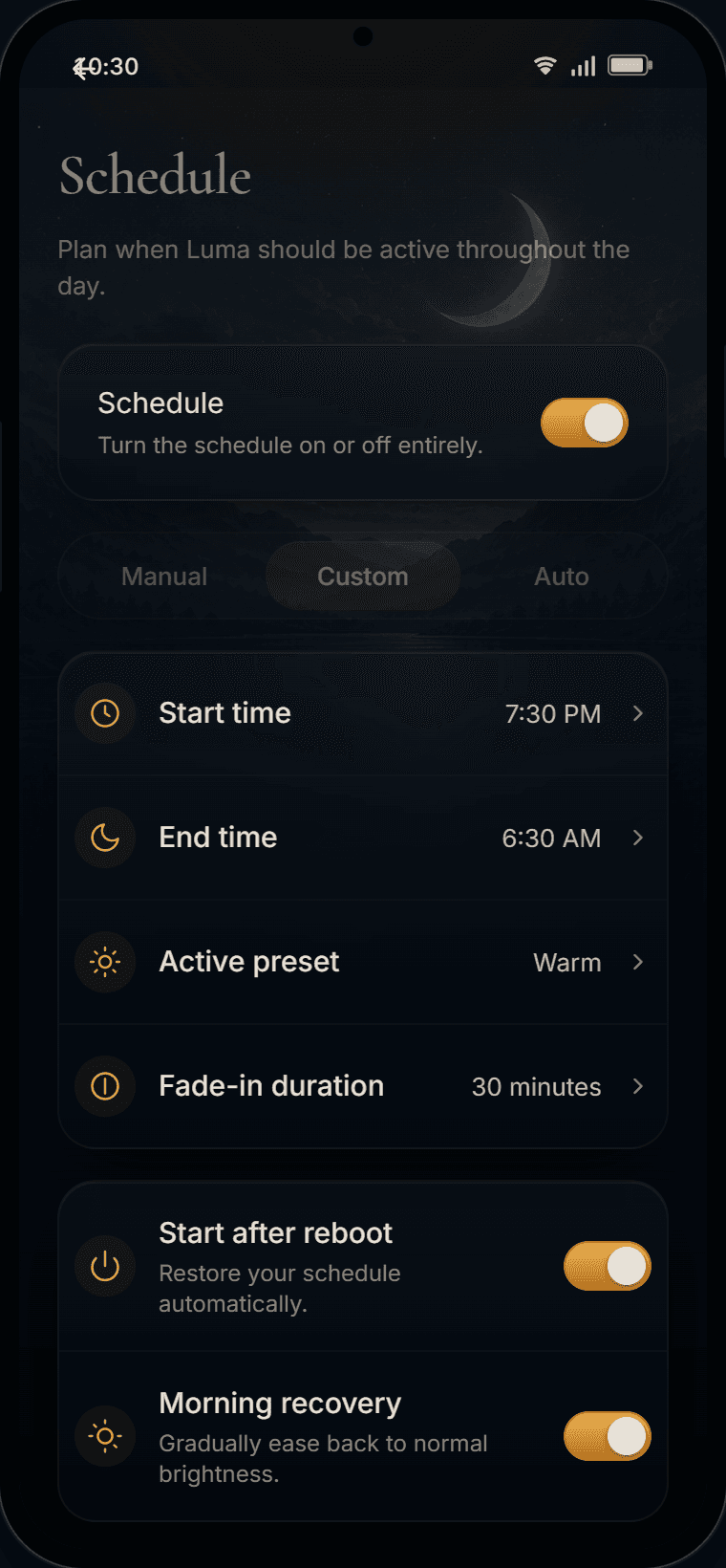 Luna schedule screen showing sunset automation and custom timing controls